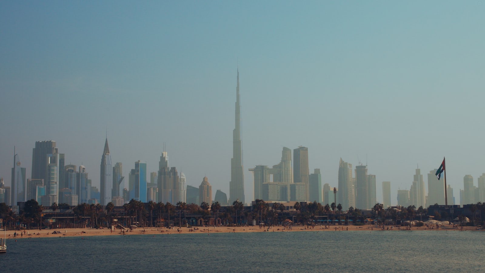 The Dubai skyline with the Burj Khalifa seen across the water