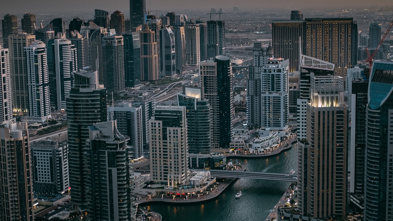 Dubai cityscape of residential towers at dusk